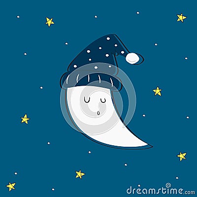 Cute Sleeping Moon and Stars Vector Vector Illustration