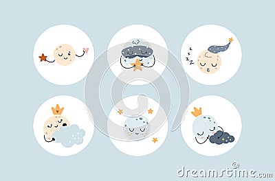 Cute sleeping moon stickers Vector Illustration