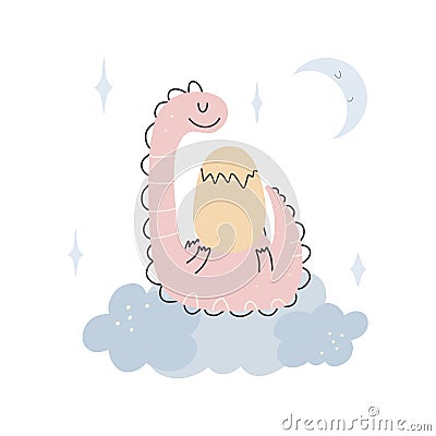 Cute sleeping pink dinosaur in the clouds. Happy simple childish hand-drawn cartoon doodle scandinavian style. Vector Vector Illustration