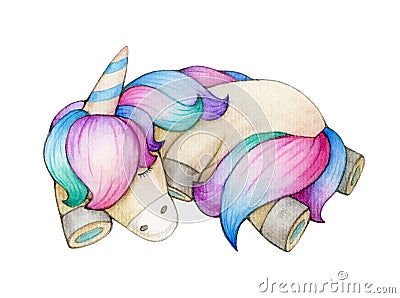 Cute, sleeping unicorn, isolated on white. Watercolor illustration Stock Photo