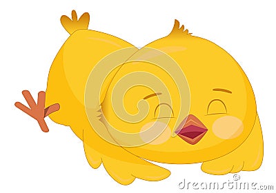 Cute sleeping yellow chick. Funny bird with pink cheeks sleeps on its tummy, isolated on white background. Vector Illustration