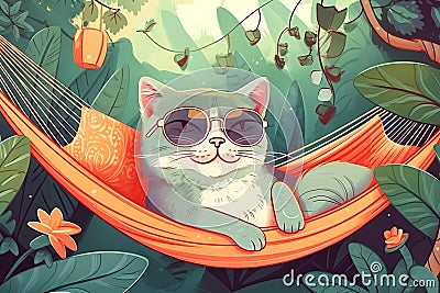 Cute sleepy kitten character lies in a hammock wearing sunglasses.Generative AI illustration. drawn in a flat style. Cartoon Illustration