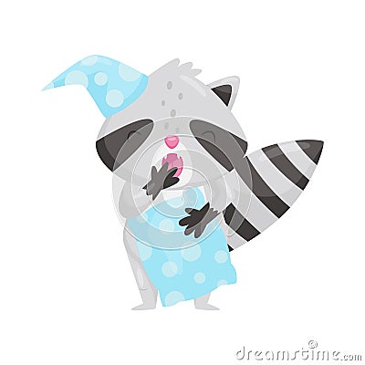 Cute sleepy raccoon in a night cap with pillow, lovely animal cartoon character, good night design element, sweet dreams Vector Illustration