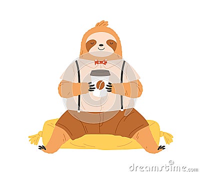 Cute sleepy sloth with coffee cup in paws. Lazy slow animal drinking and enjoying coffe in morning. Funny happy baby Vector Illustration