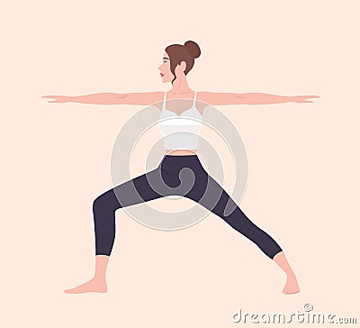 Cute slim woman in Virabhadrasana II or Warrior Pose. Female cartoon character demonstrating Hatha yoga posture. Girl Vector Illustration