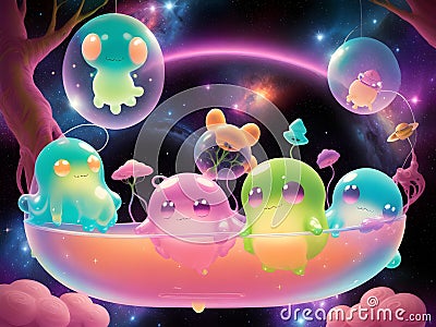 Cute Slime Creatures in Outerspace, Generative AI Illustration Stock Photo