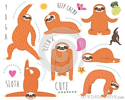 Cute Sloth Bear Yoga Elements Set Vector Illustration