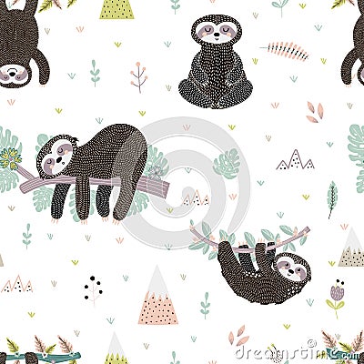 Cute sloth on the branch seamless pattern Vector Illustration