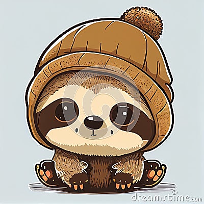 Cute sloth comic wearing a beanie with sweater and hut. Stock Photo
