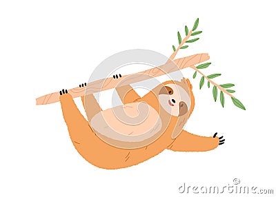 Cute sloth hanging on tree branch. Funny lazy baby animal gesturing and waving with paw, saying hello. Happy sweet slow Vector Illustration