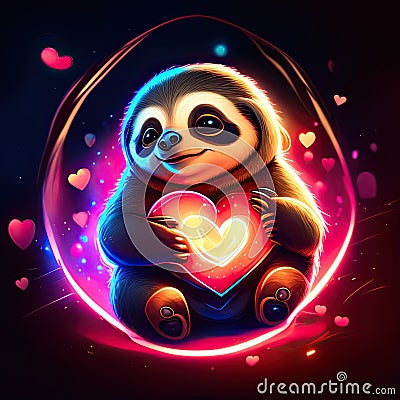 Cute Sloth hugging heart Cute panda holds a heart in his hands. Vector illustration. AI Generated Cartoon Illustration