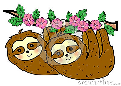 Cute sloth lover climbing flower tree cartoon art funny wallpaper Stock Photo