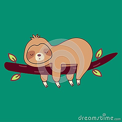Cute sloth lying on tree branch. Funny lazy baby animal. Happy sweet slow character. Flat vector illustration isolated on white Vector Illustration