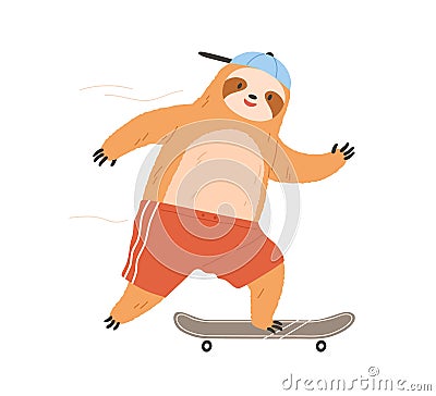 Cute sloth riding skateboard. Cool funny character skating on board. Happy smiling animal skater. Fluffy skateboarder Vector Illustration