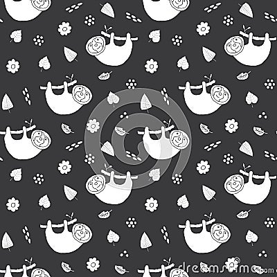Cute Sloth Seamless Pattern, Cartoon Hand Drawn Animal Doodles Vector Illustration Background Vector Illustration
