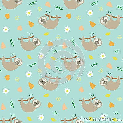 Cute Sloth Seamless Pattern, Cartoon Hand Drawn Animal Doodles Vector Illustration Background Vector Illustration