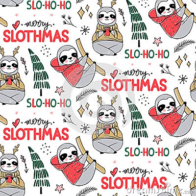 Cute Sloth seamless pattern, winter cozy background. Doodle lazy sloth bear with ugly sweater, cup of coffee. Vector Illustration