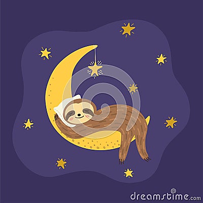 Cute sloth sleeps tight on the moon. Vector Illustration