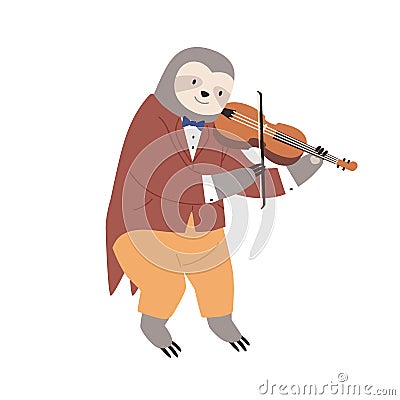 Cute sloth in suit and bow playing fiddle. Animal musician performing classical music on violin. Funny kids character Vector Illustration