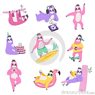 Cute sloths characters. Funny lazy animals do different things, wildlife fauna, branch hanging, yoga class, music Vector Illustration