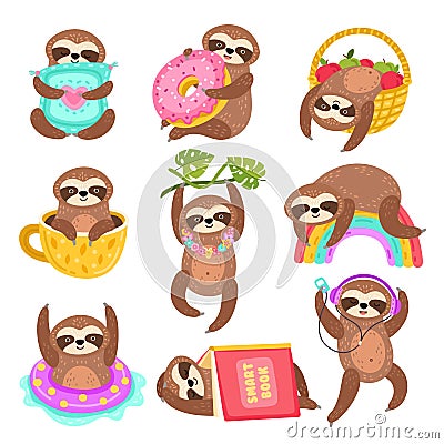 Cute sloths. Funny sleepy sloth, isolated wild jungle character. Cartoon animal on rainbow branch, in coffee cup under Stock Photo