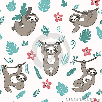 Vector seamless pattern with cute sloths in different positions. Vector Illustration