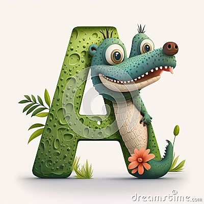 Cute small alligator in cartoon style standing near big green letter A on white background. children alphabet. AI Stock Photo