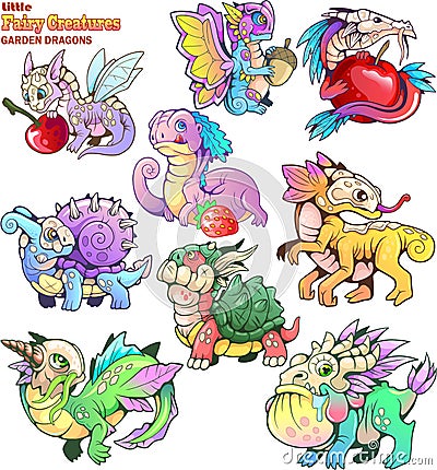 Small, cartoon, garden dragons, set of funny images Vector Illustration