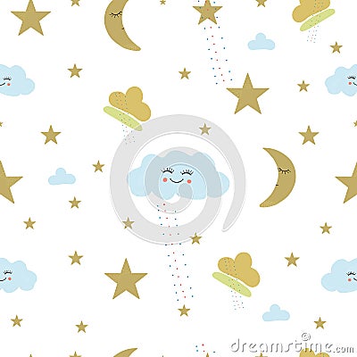 Cute small colorful vibrant flowers patternSmiling cloud, moon, sleeping stars seamless pattern Vector Illustration