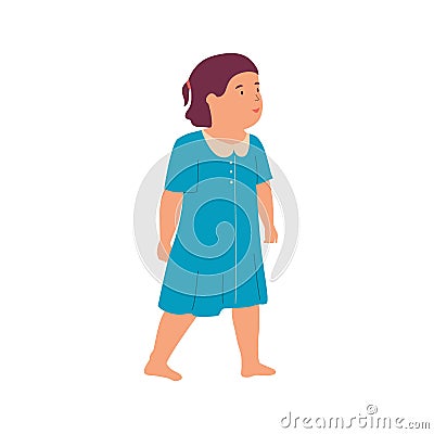 Cute small doodle girl. Cartoon baby in blue dress. Barefoot walking kid. Happy character playing in kindergarten Vector Illustration