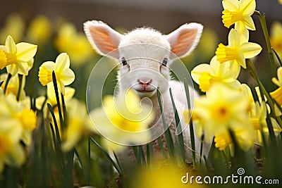 Cute small Easter lamb between yellow Daffodil spring flowers Stock Photo