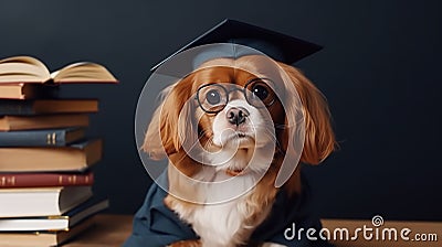 Cute small ginger white dog Cavalier King Charles Spaniel student in glasses and an academic cap Mortarboard next to books Study Stock Photo