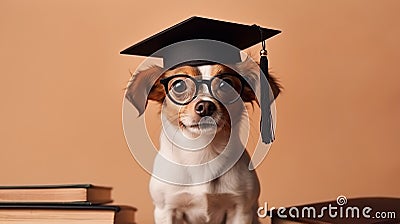 Cute small ginger white dog student in glasses and an academic cap Mortarboard next to books Study and education concept Stock Photo