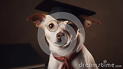 Cute small ginger white dog student in glasses and an academic cap Mortarboard next to books Study and education concept Stock Photo