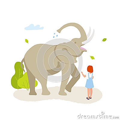 Cute small girl looking at the large elephant in the contact zoo vector flat illustration. African Elephant isolated on Vector Illustration