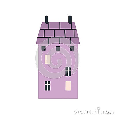 Cute small house in Scandinavian style. Cozy sweet nordic home of old town. Little building exterior with lights in Vector Illustration