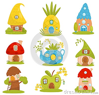 Cute small houses set, fairytale fantasy house for gnome, dwarf or elf vector Illustrations on a white background Vector Illustration