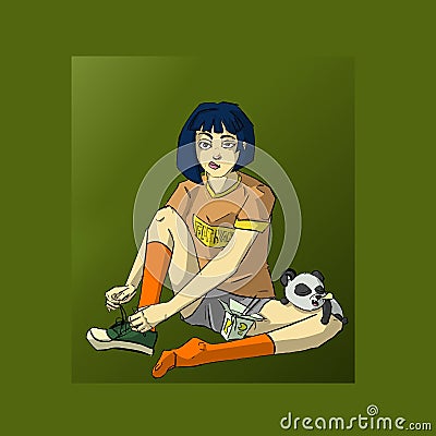 Cute small Panda beautiful Asian girl with blue hair eating noodles and orange socks on green background cartoon digital drawing Stock Photo