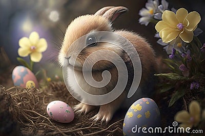 Cute small rabbit with many colourful easter eggs around. Generative AI Stock Photo