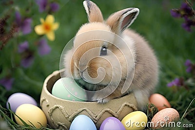 Cute small rabbit with many colourful easter eggs around. Generative AI Stock Photo