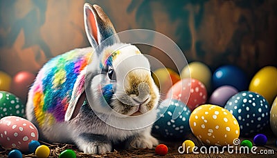 Cute small rabbit with many colourful easter eggs around. Generative AI Stock Photo