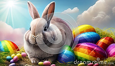 Cute small rabbit with many colourful easter eggs around. Generative AI Stock Photo