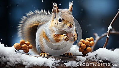 A cute small rodent eating fruit on a snowy branch generated by AI Stock Photo