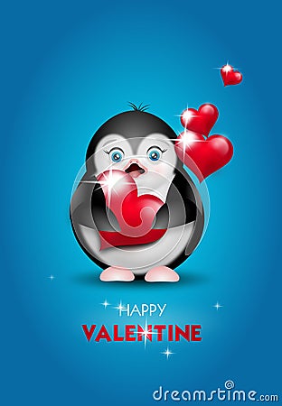 Valentine`s penguin with red hearts Stock Photo