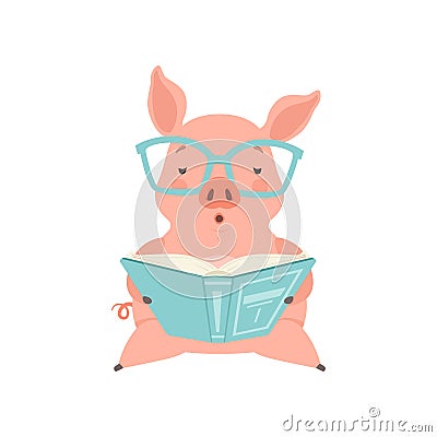 Cute smart little pig reading a book, funny piglet cartoon character vector Illustration on a white background Vector Illustration