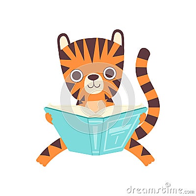 Cute Smart Little Tiger Sitting and Reading Book, Adorable Wild Animal Cartoon Character Vector Illustration Vector Illustration