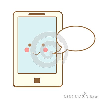 Cute smartphone icon. Kawaii smiling phone character with speech bubble Vector Illustration