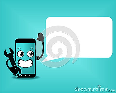 Cute smartphone mascot repair service. Mobile phone character with speech bubble blank empty. Vector Illustration