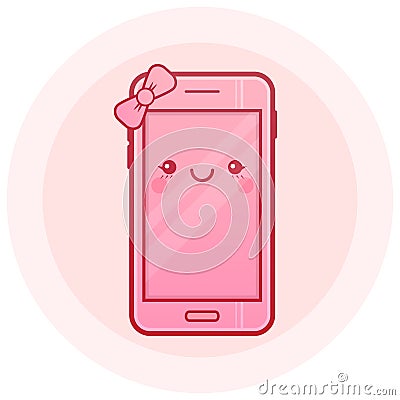 Cute smartphone vector icon. Kawaii cheerful pink mobile. Cartoon phone with funny face. Online apps. Vector Illustration