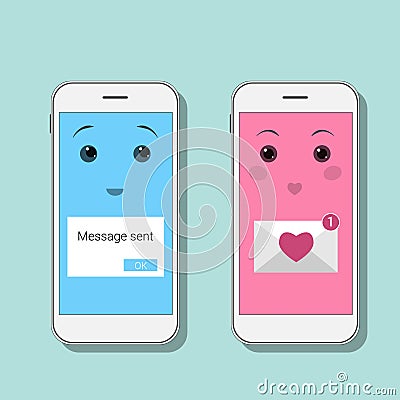 Cute Smartphones with sms messages. Kawaii mobiles in blue and pink colors. Mobile chat, online message, love sms. Vector Illustration